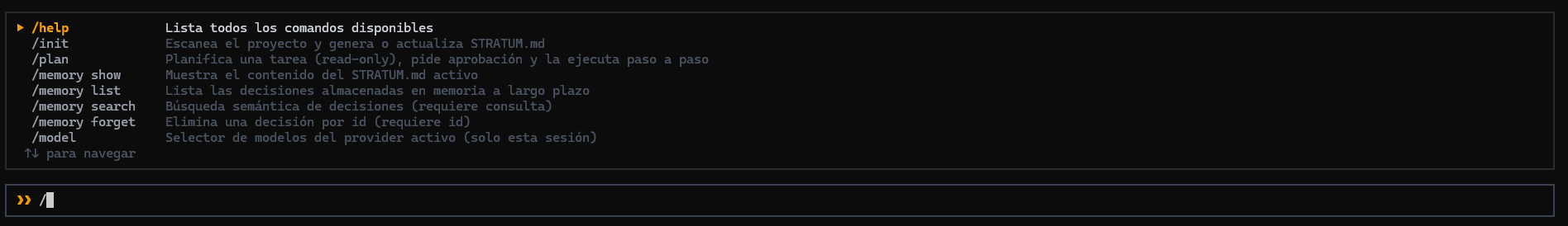 Paleta de comandos /help del CLI