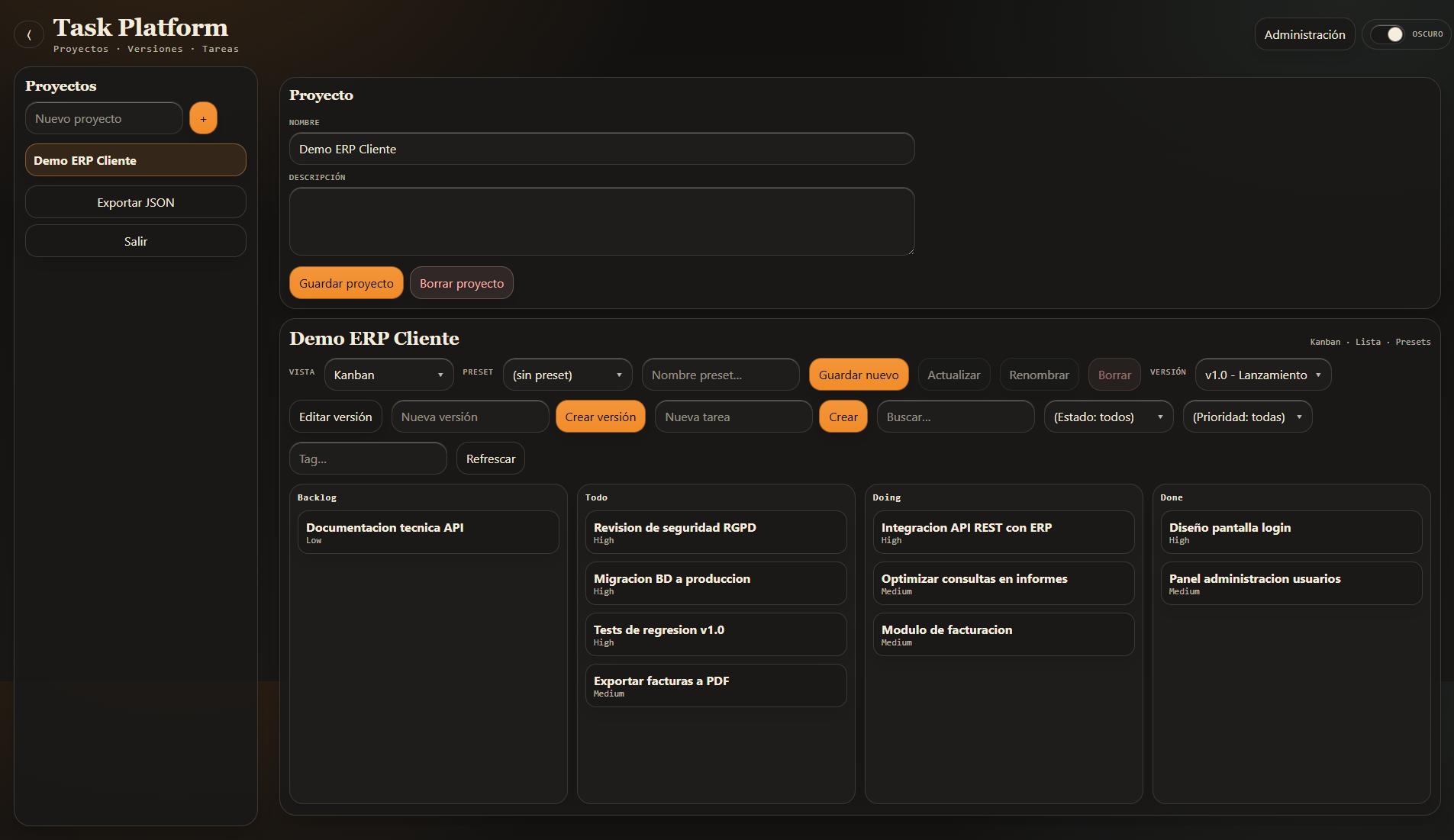 Vista Kanban de Task Platform