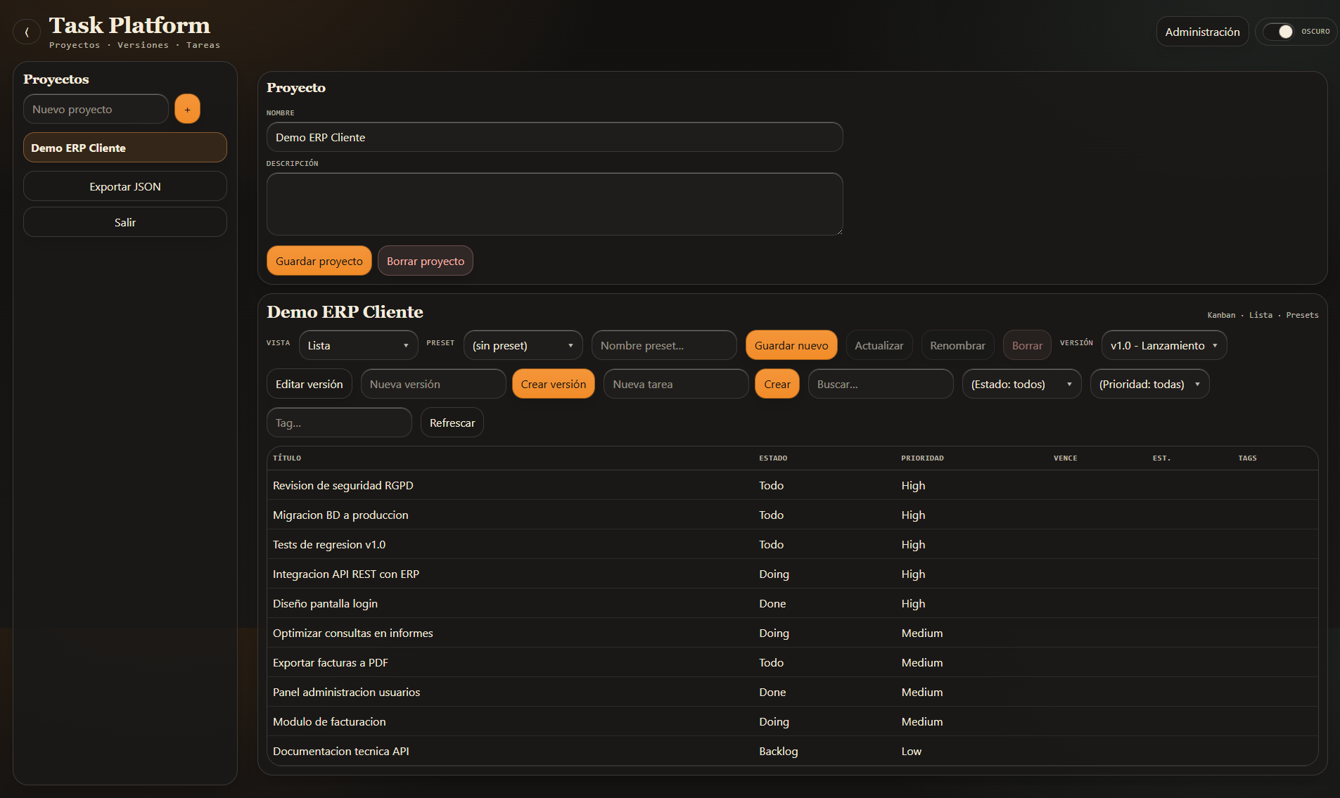 Vista lista modo oscuro