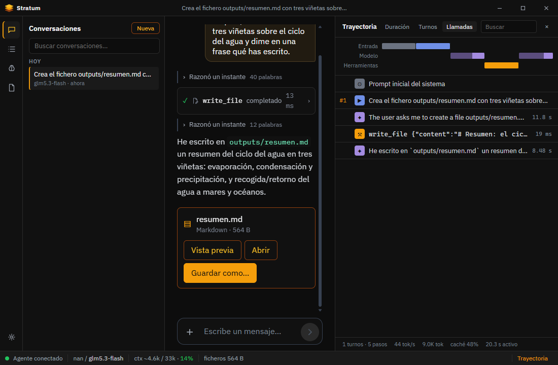 Stratum Desktop con el panel de trayectoria abierto a la derecha del chat